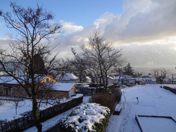 Vue d'une maison couverte de neige avec un lac en arrière-plan.