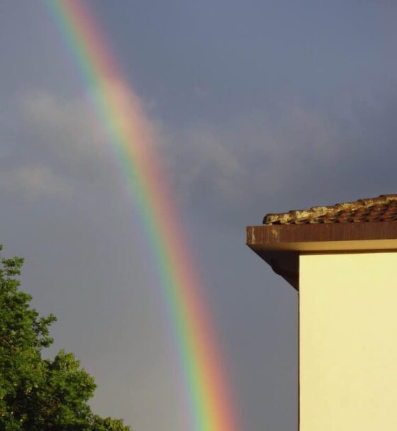 Un arc-en-ciel coloré créant une vue spectaculaire dans le ciel au-dessus des montagnes.