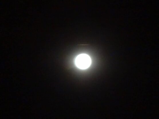 La lune est vue à travers un ciel nocturne sombre.