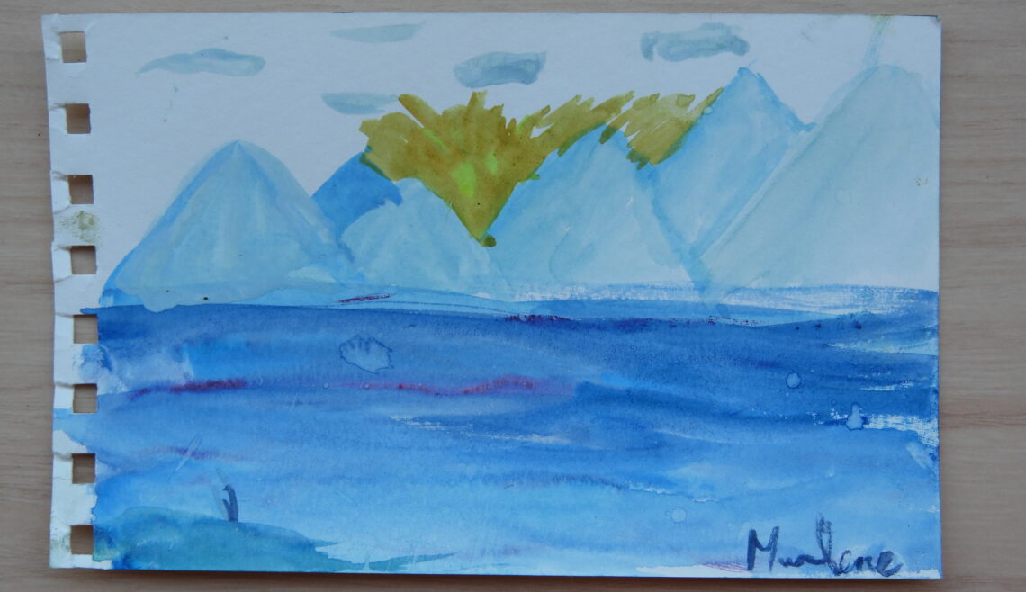Une aquarelle représentant des montagnes et un lac.