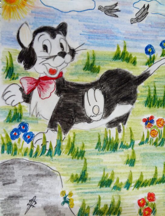 Un dessin en noir et blanc d'un chat.