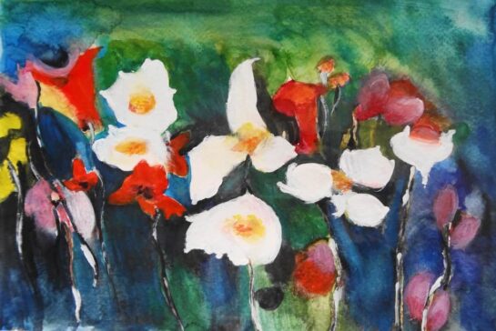 Une aquarelle de fleurs rouges, blanches et bleues.