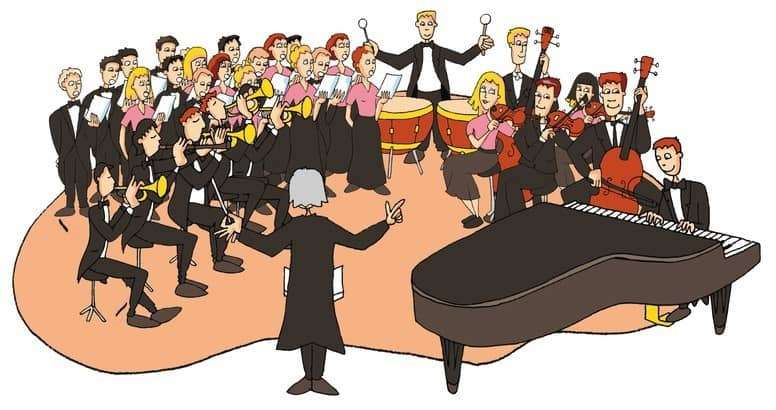 Une image de dessin animé d’un groupe de musiciens et d’un piano.